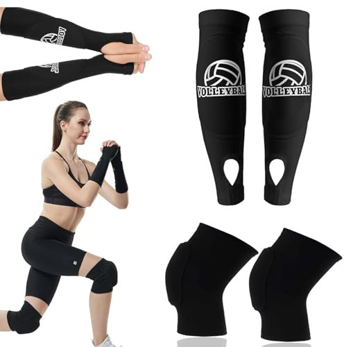 GUIANLOU Protezione Per La Pallavolo,1 Paio Manicotti Per Avambraccio Da Pallavolo + 1 Paio Ginocchiera Pallavolo Con Imbottitura Protettiva Ginocchiere Pallavolo Per Junior e Adulti.