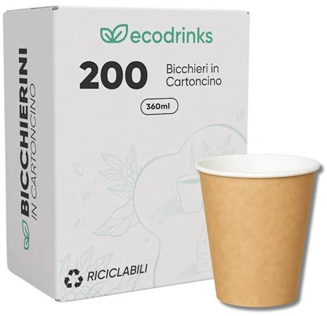 ecodrinks - 200 Bicchieri Carta Avana 360ml - Per Acqua, Cocktail, Bevande Calde e Fredde - Biodegradabili, Eco-friendly e Made in Italy