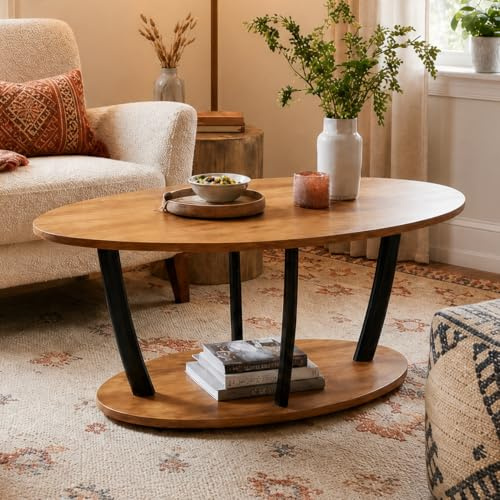 Couchtisch Oval Holz-Ovaler Wohnzimmertisch Braun mit unterer Ablage, Sofatisch Dunkelbraun,Stabiler Metallfuß & E1-Platte ein Moderner Couchtisch, der sich für Kleine Wohnzimmer, Büros und Wohnungen