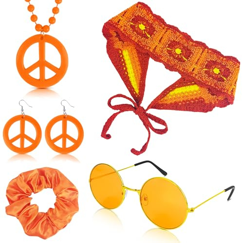 Alaxciax 6 Stück Hippie Kostüm Damen Set, Hippie Accessoires mit Brille Blume Stricken Stirnband Peace Sign Halskette 70er Jahre Accessoires fur Karneval Party