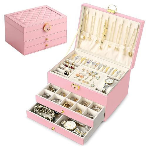 Ninonly Schmuckkästchen Ohrringe mit 3 Ebenen Schmuckkästchen für Damen Mädchen PU-Leder Schmuckaufbewahrung Ohrringe für Ringe Armbänder Halskette Mit Schloss und Schlüssel Rosa