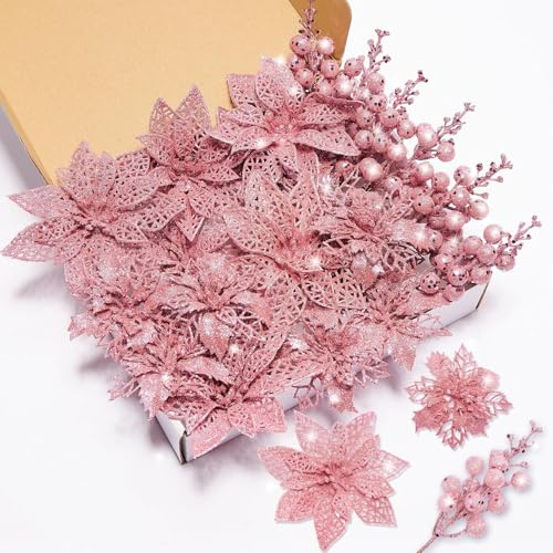 Xmastell 22 Stück Weihnachten Künstliche Blumen, Glitzer baumschmuck Weihnachten, Weihnachtsbaum Blumen Ornamente und Weihnachtsbaum Picker für weihnachtsdeko außen und deko innen rosa