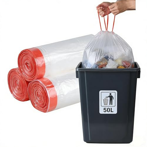 Waikhomes Bin Liners 50L with Drawstring Tie Handle, 63 x 84 cm Thick Plastic Bin Liners for Bedroom Kitchen Office(Clear, 110 Bags)