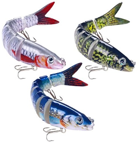Vakler 3 Stück Angelköder Crankbait, Kunstköder Wobbler Mehrgelenkige Gummifische Köder 18.6g/0.66oz Barsch Hecht Köder Set Hecht Fisch Swimbait lebensechter für Zander Forellen Barsch Raubfisch