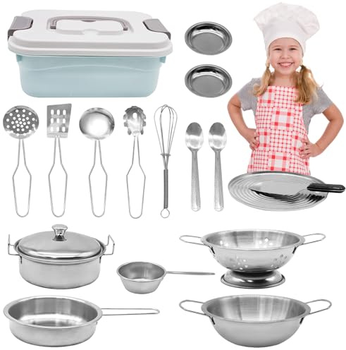18 Stück Kinderküche Zubehör,Küchenspielzeug Küchen Zubehör Set,Edelstahl Küchenspielzeug mit Aufbewahrungsbox für Jungen und Mädchen