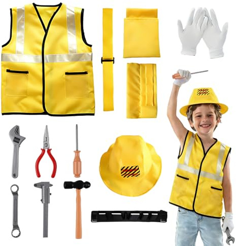 QIANAI Disfraz Obrero, 13 Pcs Disfraz de Trabajador de Construcción, Obrero Disfraz para Niños con Herramientas, Disfraz de Obrero de Construcción para Niños Juguete Carnaval, Navidad y Rol