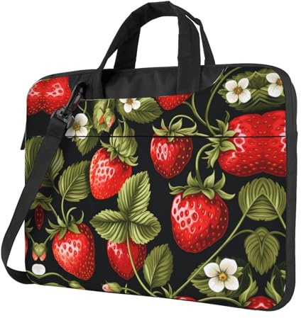 WZYWHJ Sac pour ordinateur portable imprimé fraises avec intérieur doux, plusieurs poches, idéal pour les hommes, les voyages et les affaires, noir, 15.6 inch