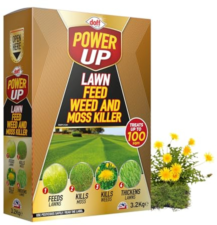 Doff Power Up Lawn Feed, Weed & Moss Killer | Triple Action Lawn Treatment | Feeds Grass, Kills Weeds & Moss | Treats Up to 100m² | Thickens Lawns | Fast-Acting Granular Lawn Care – 3.2kg