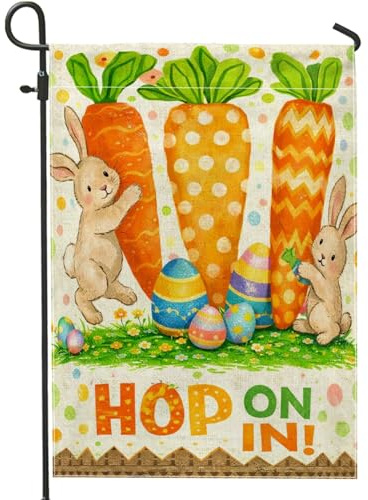 Drapeau de jardin en forme de carotte - Lapin ludique - Œuf de Pâques - Orange - Double face - En toile de jute - Pour extérieur, porche, pelouse, patio, terrasse - 30,5 x 45,7 cm