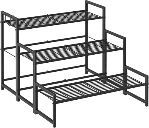 Blumenständer, Pflanzenregal aus Metall, 3 Stufen Pflanzenständer, Blumentreppe mit Großer Kapazität, Blumenregal für Outdoor Indoor Balkon Garten, Regal für Zimmerpflanzen mit 2 Haken, (Schwarz)