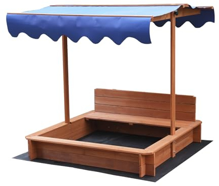 Sabbiera con tetto e panchina, in legno, 114 x 114 x 114 cm, protezione dai raggi UV, blu, con tessuto non tessuto. Il sacco di sabbia è solo per i bambini (c'è un pannello posteriore) (prima edizione