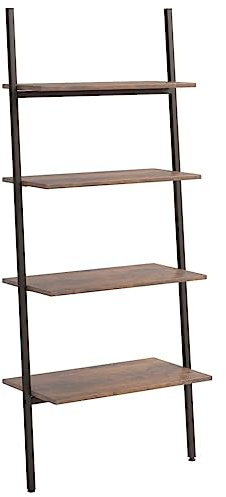 Fisinber Leiterregal mit 4 Ablagen, Industrie-Design Standregal aus Holz und Metall, Modernes Anlehnregal für Wohnzimmer, Büro & Bad, Dunkelbraun und Schwarz, 64 x 34 x 150,5 cm