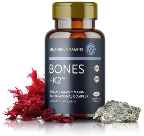 Mt. Angel Vitamins - Bones + K2, Comprehensive Bone Support Calcium Supplement, Aquamin 1600 mg, Magnesium, plus trace minerals, Vitamin K2 (MK7), Manganese, Vitamin D3, Boron - 60 Vegetarian Capsules