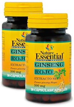 Nature Essential | Ginseng Rojo 500 mg | Estimula y Revitaliza Todo Tipo de Pieles | Mejora la Elasticidad de la Piel | Retrasa el Envejecimiento del Cutis | 50 Cápsulas | Pack 2 unidades