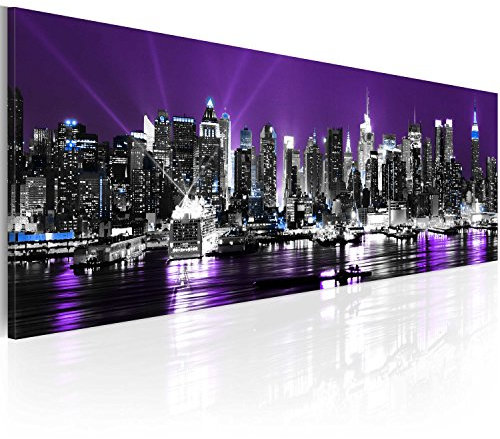 murando - Wandbilder XXL Stadt New York 150x50 cm 1 tlg - Wand Deko Vlies Leinwand Bilder Groß Wanddeko Wohnzimmer Schlafzimmer Kunstdrucke Panoramabild - Manhattan Skyline violett 9020127