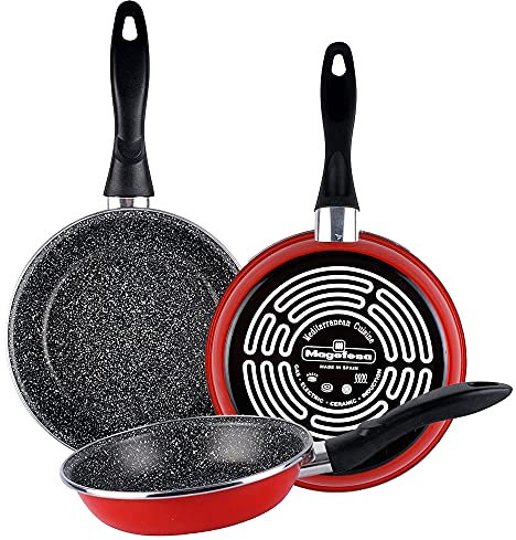 MAGEFESA K2 Set de Sarténes, Acero esmaltado vitrificado, Inducción y lavavajillas, Rojo, 24/26/28 cm