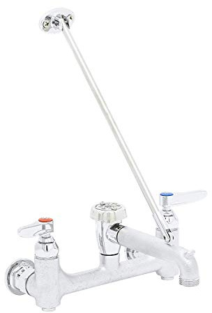 T&S Brass B-0665-BSTR Service Sink Faucet. 8 Wall Mount with Built in Stops, Vacuum Breaker, and Pail Hook. Rough Chrome with Garden Hose Male Outlet. (Pack of 1)
