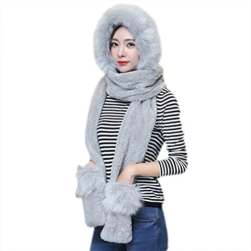 LONTG Women Girls Faux Fur Hooded Scarf Hats Gloves 3 in 1 Winter Thermal Beanie Hat Earflaps Long Scarfs Ear Cuff Hat with Mitten Pocket Gloves Coral fleece Shawl Wraps Birthday Gift