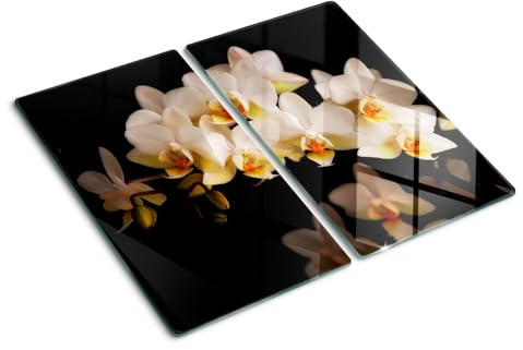 Küchenbrett Glas 2x30x52 cm Gehärtetes Glas Hitzebeständig Lebensmittelecht Antibakteriell für die Küche Dekorativ Rutschfest Silikonfüße Plastikfrei 2 Stück Glasplatte - Orchidee