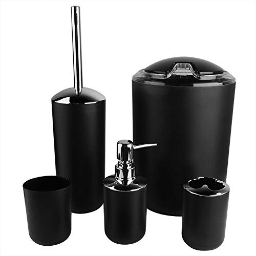 Juego de Accesorios de Baño de 6 Piezas, Set de Baño de Plásti con Dispensador de Jabón Vaso para Cepillo de dientes Escobilla para El Inodoro Bote de Basura Jabonera, para Familia Hotel(Negro)