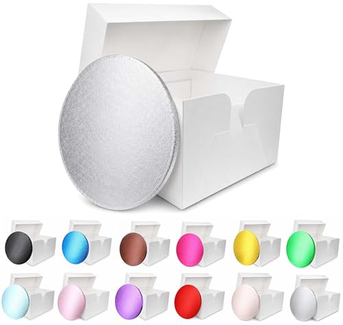 LARRYROO Colour Cake Drum Board & White Box + Lid Combo Pack for Wedding, Birthday Cakes (Silver, 9 Inches)