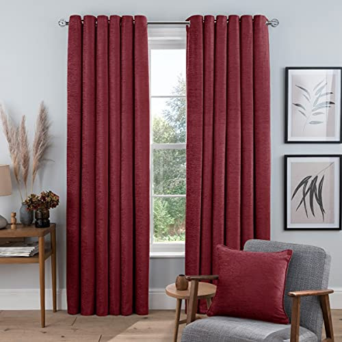 Sleepdown Luxury Chenille Eyelet Lined Curtains for Bedroom and Living Room 66 x 72 Inch Red 2 Panels, 5056242840442