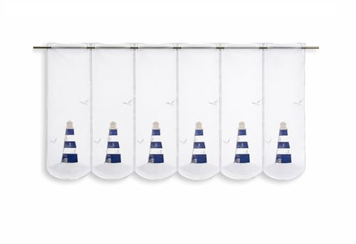 Startex Scheibengardine Leuchtturm Bestickt blau Höhe 45cm | in verschiedenen Breiten erhältlich | Gardine | Panneaux (Höhe 45cm) | (BxH 128x45cm)