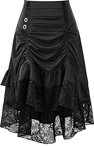Steampunk Jupe gothique en dentelle pour femme Motif squelette imprimé Halloween Cosplay Mini jupe courte Robe médiévale, Za-Noir., S