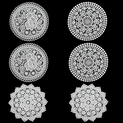 Hohle Untersetzer Tischdecken Mit Spitzenstickerei Geschirr Schalen Aus Stoff Ornamente Requisiten Baumwolle Spitze Deckchen Häkeln Rund Tischset (Weiß) Rose Eustoma Rebe Muster 6 Stücke