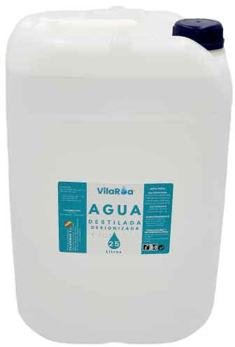 VILAROA Agua Destilada 25L, 1 bidon de Agua Desionizada y Desmineralizada – Alta Pureza para Maquinaria, Bateria, Radiador de Coche, Autoclave, Humidificador y CPAP – Uso Profesional 1.29 µS/cm