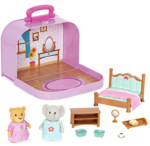 Li'l Woodzeez - Valise de Voyage Jeu de Chambre - Deluxe - Petite Figurine Animale - Maison de poupée Portable - Chambre à Coucher et Mini-mobilier - Figurines animales - 3 Ans et +