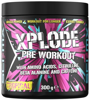 SCI-MX - X-PLODE Pre-Workout - 300g - Tropical Flavour - 250mg Caffeine, 6g Citrulline Malate, 3.2g Beta Alanine / serving - Suitable for Vegetarians + Vegans
