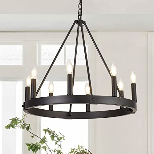 8 Lights Farmhouse Wagon Wheel Chandelier, D24 Black Round Chandeliers for Dining Room, Modern Industrial Kitchen Island Pendant Light Fixtures for Foyer Living Room Entryway Bedroom, E12 Socket