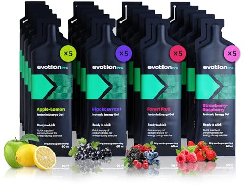 EVOTION PRO High Energy Gel 20 x 60ml - 80kcal 20g Kohlenhydrate pro Packung - Mix Box - Maltodextrin Power Gel Sport - Liquid Powergel Energy Shot - Energie Laufen Running Marathon Nahrung