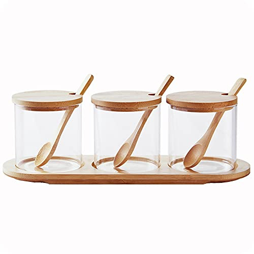 HONGCHU Condiment Containers with lids 3 pack Seasoning Box Condiment Pots Jars with Spoons Container for Spice Salt Sugar Cruet (bamboo 1set)