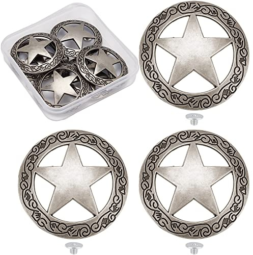 GORGECRAFT 1 Box 6 Sets Schraubknöpfe Mit Graviertem Stern Concho Aushöhlen Dekorative Knöpfe Rund Vintage Silber Metallschnalle Ersatzgussteile Western Rodeo DIY Lederhandwerk
