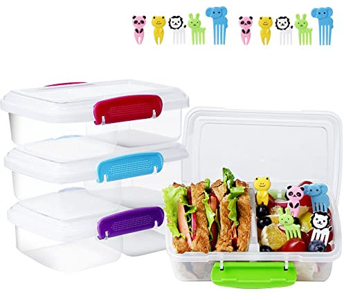 Greentainer Plastic Snack Containers for Kids, 4 Pack Bento Boxs with 2 Compartments Travel Snack Container Sandwiches/Fruits/Candies Food Storage Containers BPA Free Dishwasher Safe-Red