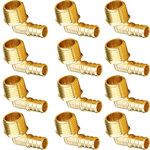 WHK 12 Pack 1/2 Inch PEX Elbow Adapter Fittings 1/2 Pex to Male NPT Threaded Crimp 90 Degree Male Pipe Fittings to Connect Pex B Pipe (Lead-Free Brass)