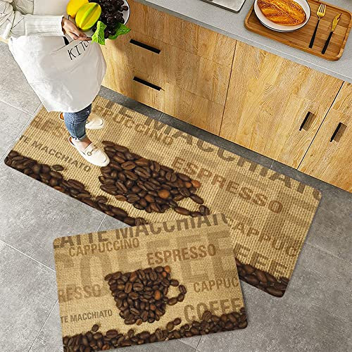 MADVEI Küchenteppich Teppich Läufer Küchenläufer 2 Stück,Kaffee Kaffeebohnen geformt in Becher und Kaffeesorten Schriftzug Kunstdruck Braun Beige,rutschfest waschbar für Flur Küche 40x60 cm+40x120 cm