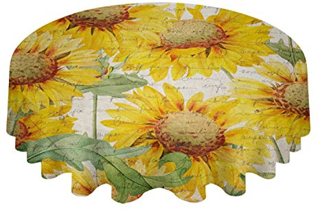 Cubremesa 152cm Papel De Carta Retro con Flores De Girasol Cubierta De Mesa Simple Mantel Redondo Resistente Mantel Cocina para Fiesta Cumpleaños Jardín