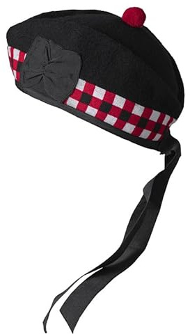 YAS Glengarry Casquette – Chapeau écossais traditionnel en laine, accessoires de cornemuse 100 % pure laine, ruban de coton polyester, Dés noirs et rouges, 7 1/2