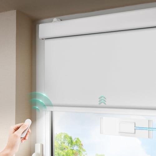 DENFOON Solar Elektrische Rollos Innen,Thermorollo Klemmfix ohne Bohren & mit Bohren,Verdunklungsrollo mit Fernbedienung Wiederaufladbar Akku Rohrmotor Rollo für Fenster Weiß,110x170cm(B x L)