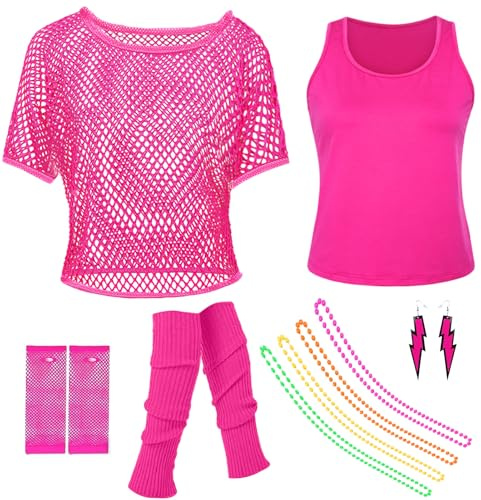 80er 90er Jahre Netzoberteil Damen, 80er Jahre Outfit Damen Set, Neon Netz Shirt Mädchen, Retro Kostüm Accessoire mit Netzhandschuhe Beinstulpen für Mottoparty Karneval Neon Party (Rosa, M)