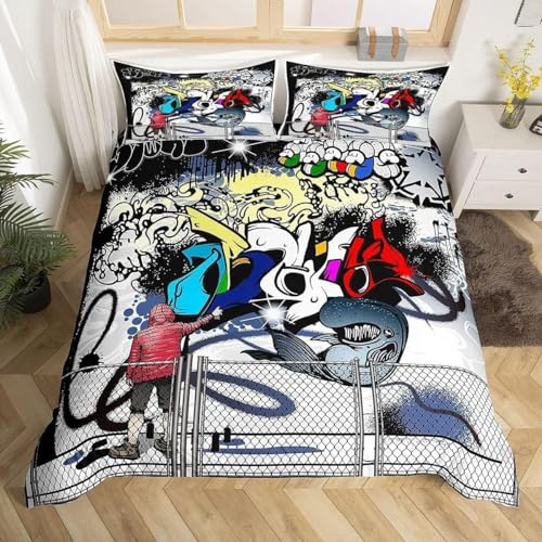 Homewish Housse de Couette 140x200 Enfant Garçon, Parure de Lit Graffiti pour 1 Personne, Ensemble de Literie Couleur Graffiti Street Art pour Jeunes Adultes, Décoration de Chambre À Coucher