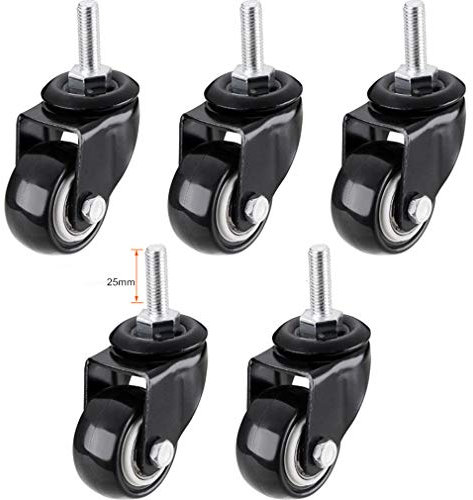 Hochleistungs-Lenkrollen, Räder für Möbel, Möbel-Schwenkräder, Lenkrollen, 5-teiliges Lenkrollenrad, Möbelrollen aus PVC, Schwarz, mit Gewindeschaft, Schwerlast, Doppellager, Verschleißfest,
