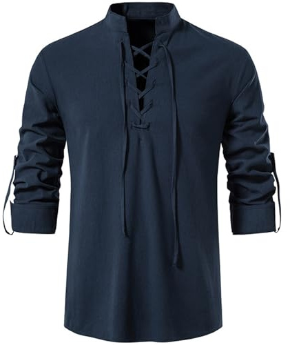 Rodawu Mens Linen Shirts Drawstring Henley Shirts Cotton Medieval Tunic Viking Tops Navy Blue Shirt