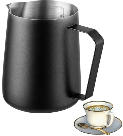 Wrobic Milk Frothing Pitcher 20oz/600ml, Stainless Steel Milk Jug for Making Latte Art and Coffee Cappuccino,Latte Art Barista Steaming Pitcher Coffee Milk Frother Jug with Scale,Black