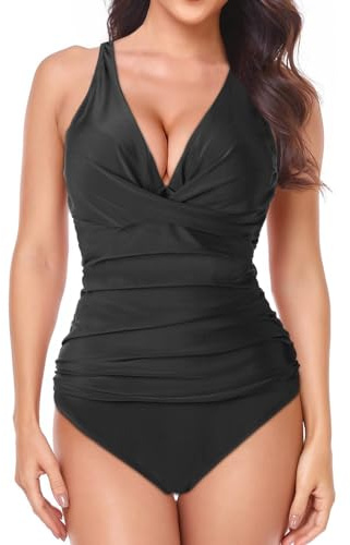 HOTUT Costume Intero da Donna Scollo a V Push Up Imbottito con Controllo Pancia, Reggiseno Curvy e Spalline Regolabili per Mare