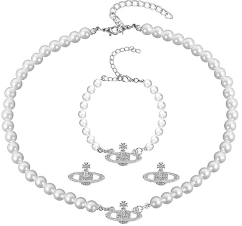 APRRMLIZW Collar de Saturno 3 Piezas de Perlas con Diamantes de Imitación de Cristal para Mujer de Planeta