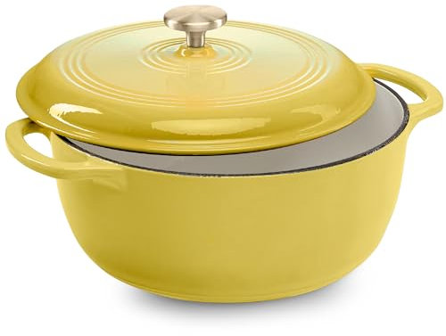 Best Choice Products 7.5 Quart Enamel Cast-Iron Round Dutch Oven, Family Style Heavy-Duty Pre-Seasoned Cookware for Home, Kitchen, Dining Room, Oven Safe w/Lid, Dual Handles - Lemon Meringue